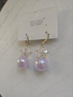 Delicate Pink Pearl & Crystal Flower Drop Earrings